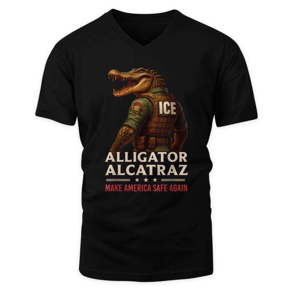 Alligator Alcatraz Funny Florida Everglades Dark Humor ICE V Neck