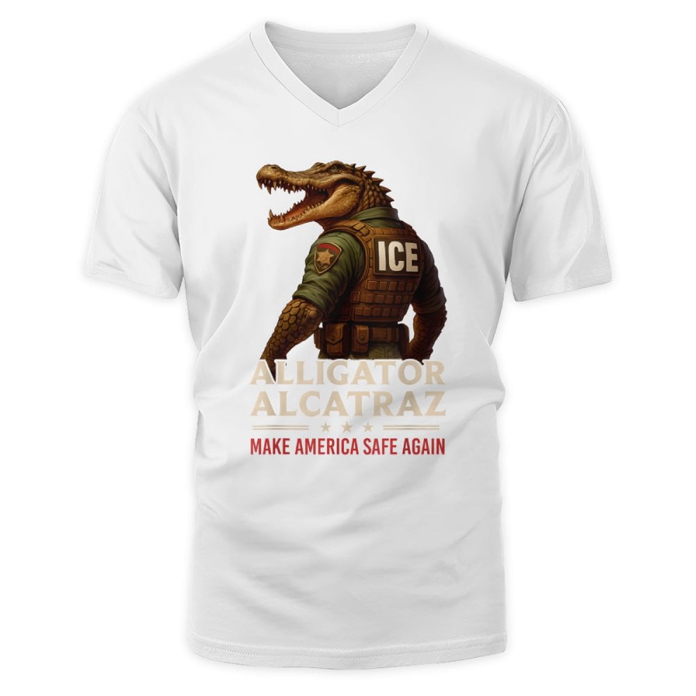 Alligator Alcatraz Funny Florida Everglades Dark Humor ICE V Neck