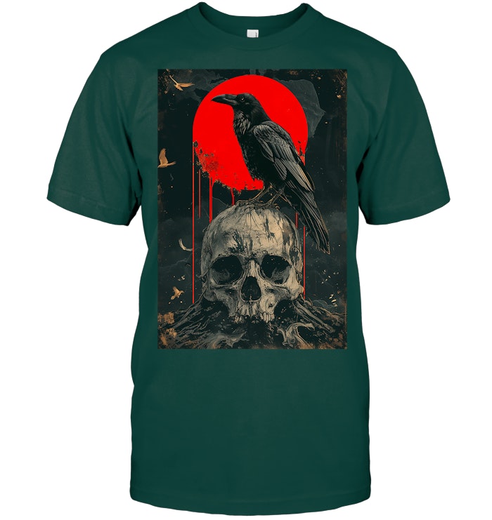 Red Moon Black Gothic Raven Skull Graphic Black Crow T Shirt