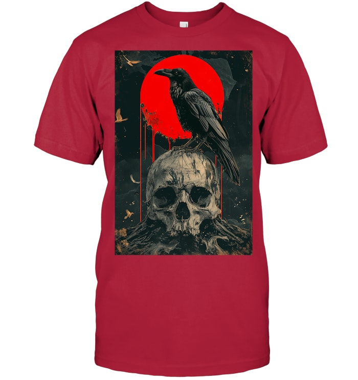 Red Moon Black Gothic Raven Skull Graphic Black Crow T Shirt
