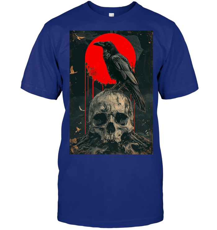 Red Moon Black Gothic Raven Skull Graphic Black Crow T Shirt