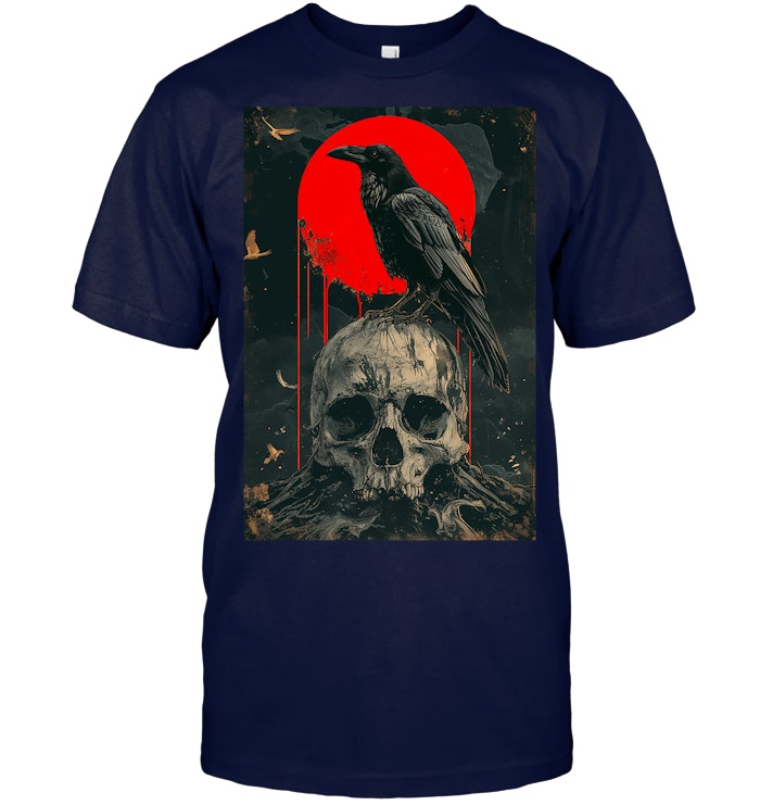 Red Moon Black Gothic Raven Skull Graphic Black Crow T Shirt