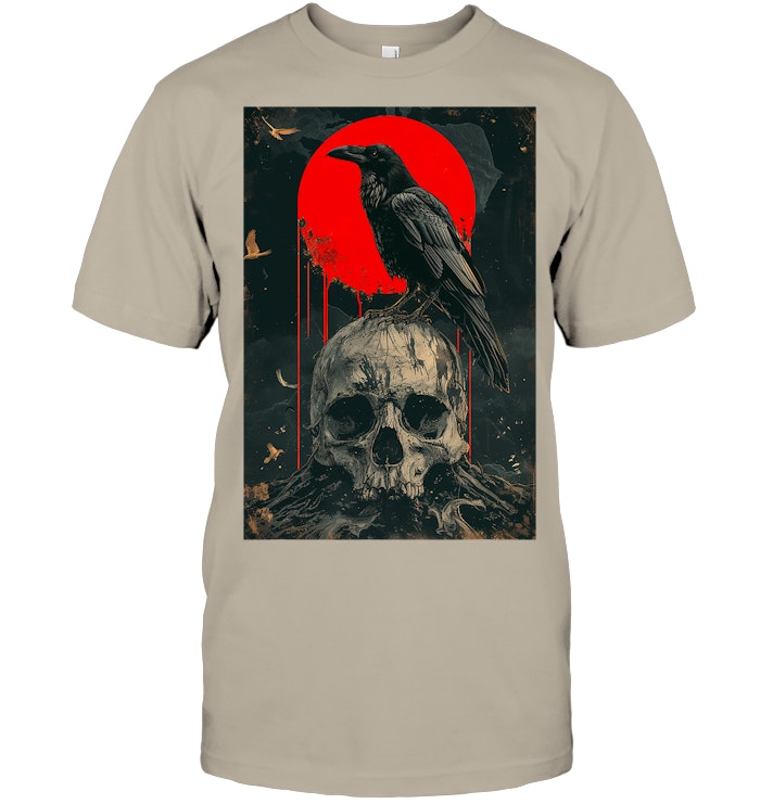 Red Moon Black Gothic Raven Skull Graphic Black Crow T Shirt