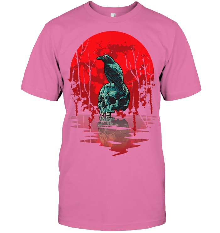 Gothic Raven Skull Red Moon Black Crow T Shirt