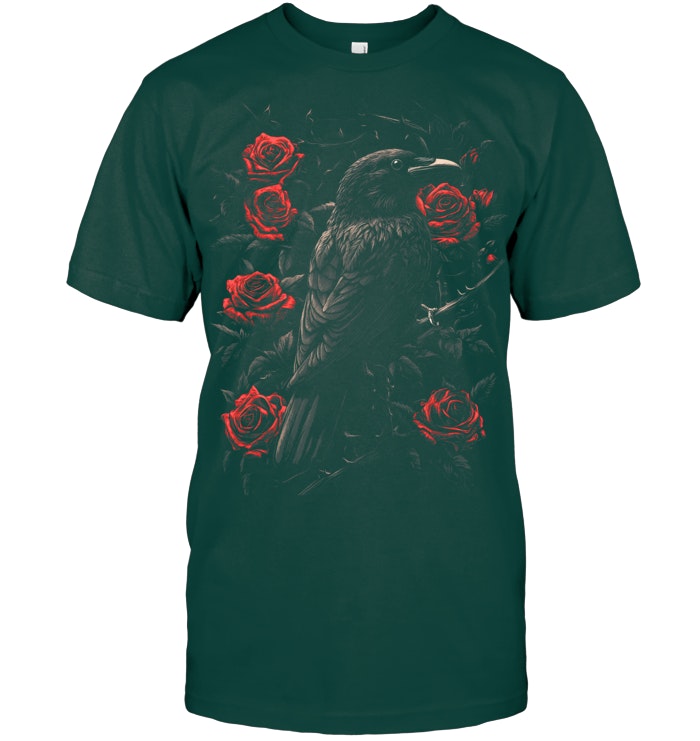 Raven Bird Gothic Kids Crow Roses Nature Floral T Shirt