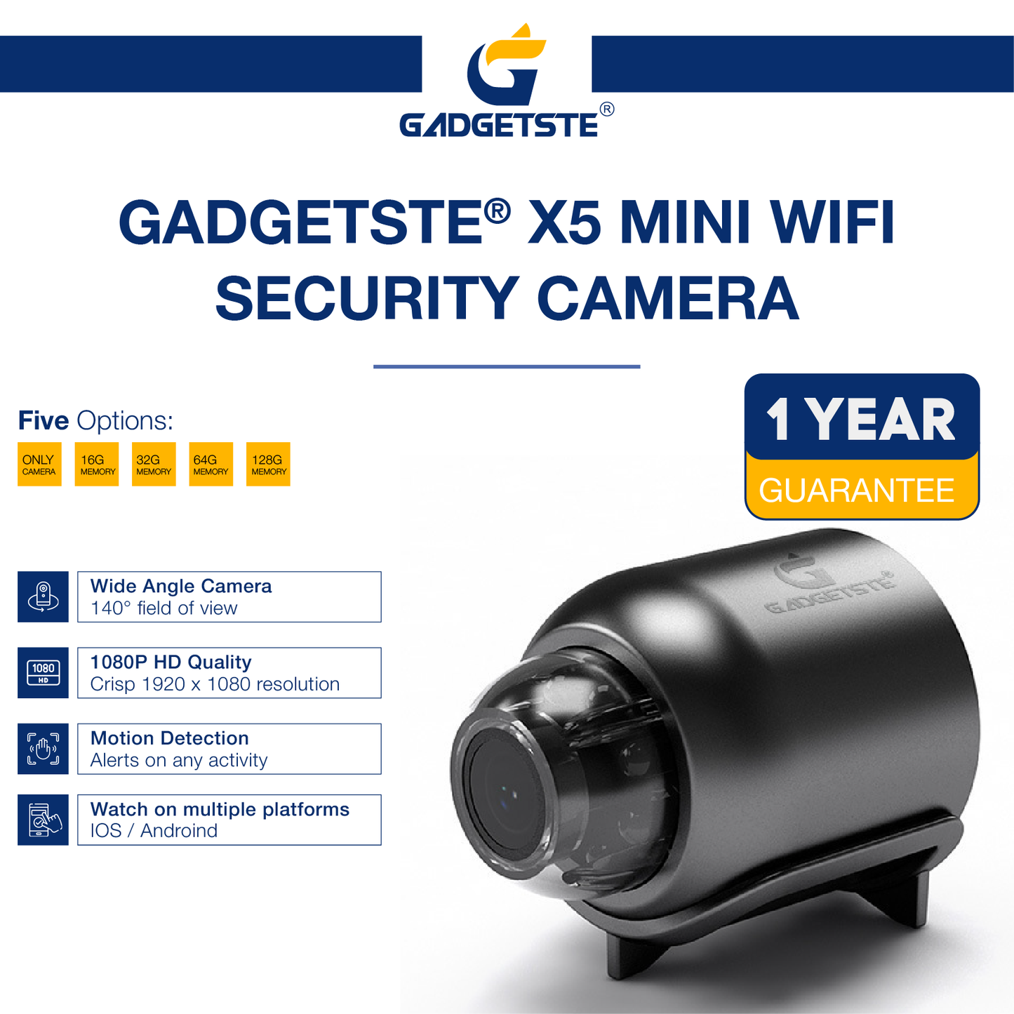 Gadgetste® X5 Mini WiFi Security Camera - 1080P, Night Vision, Motion Detection