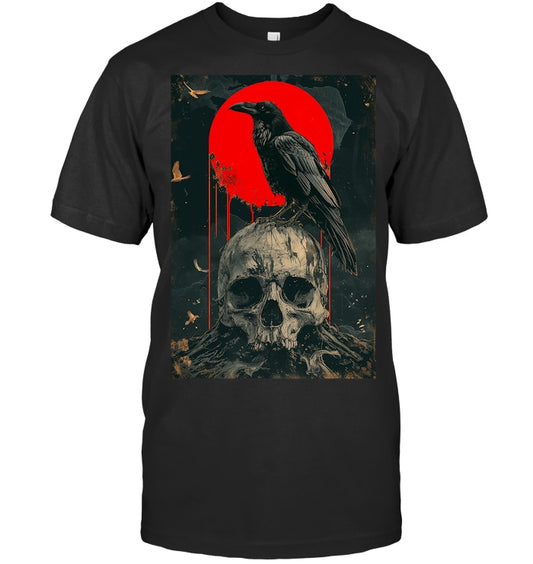Red Moon Black Gothic Raven Skull Graphic Black Crow T Shirt