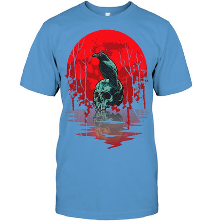 Gothic Raven Skull Red Moon Black Crow T Shirt
