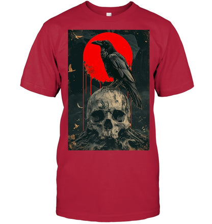Red Moon Black Gothic Raven Skull Graphic Black Crow T Shirt
