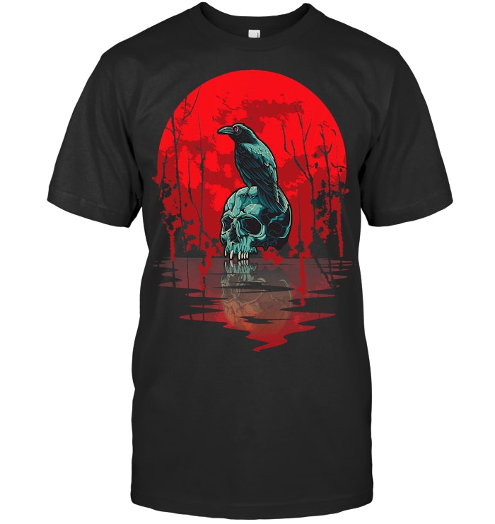 Gothic Raven Skull Red Moon Black Crow T Shirt