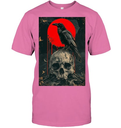 Red Moon Black Gothic Raven Skull Graphic Black Crow T Shirt