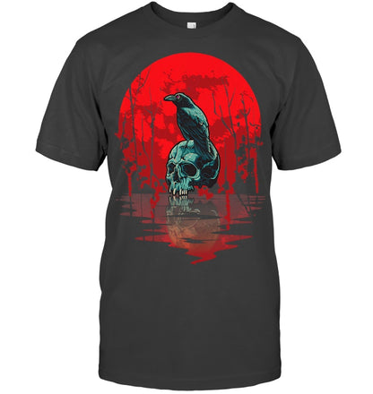 Gothic Raven Skull Red Moon Black Crow T Shirt