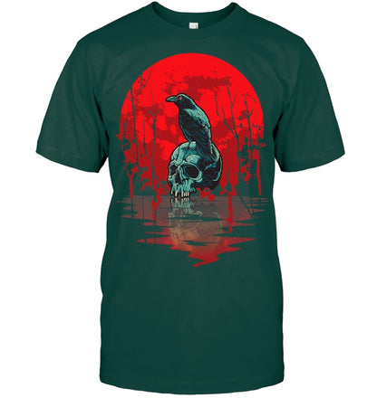 Gothic Raven Skull Red Moon Black Crow T Shirt