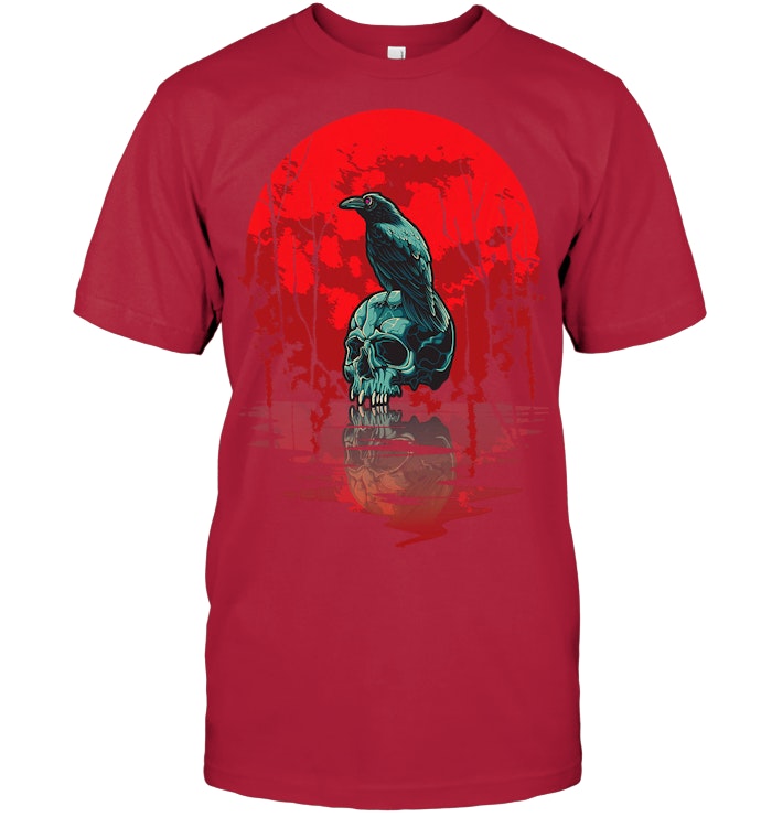 Gothic Raven Skull Red Moon Black Crow T Shirt