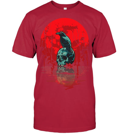 Gothic Raven Skull Red Moon Black Crow T Shirt