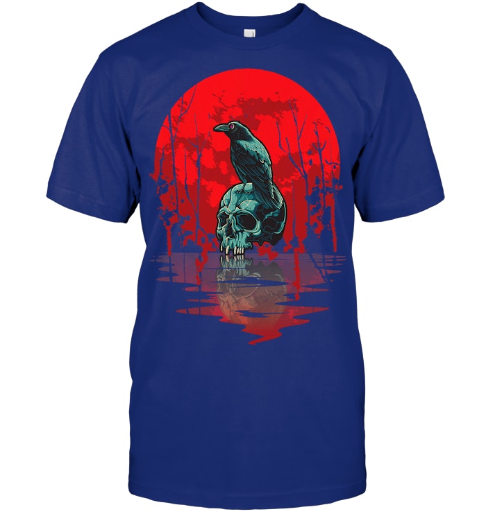 Gothic Raven Skull Red Moon Black Crow T Shirt