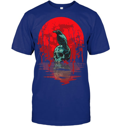 Gothic Raven Skull Red Moon Black Crow T Shirt