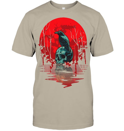 Gothic Raven Skull Red Moon Black Crow T Shirt