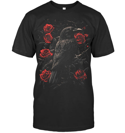 Raven Bird Gothic Kids Crow Roses Nature Floral T Shirt