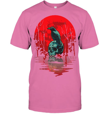 Gothic Raven Skull Red Moon Black Crow T Shirt