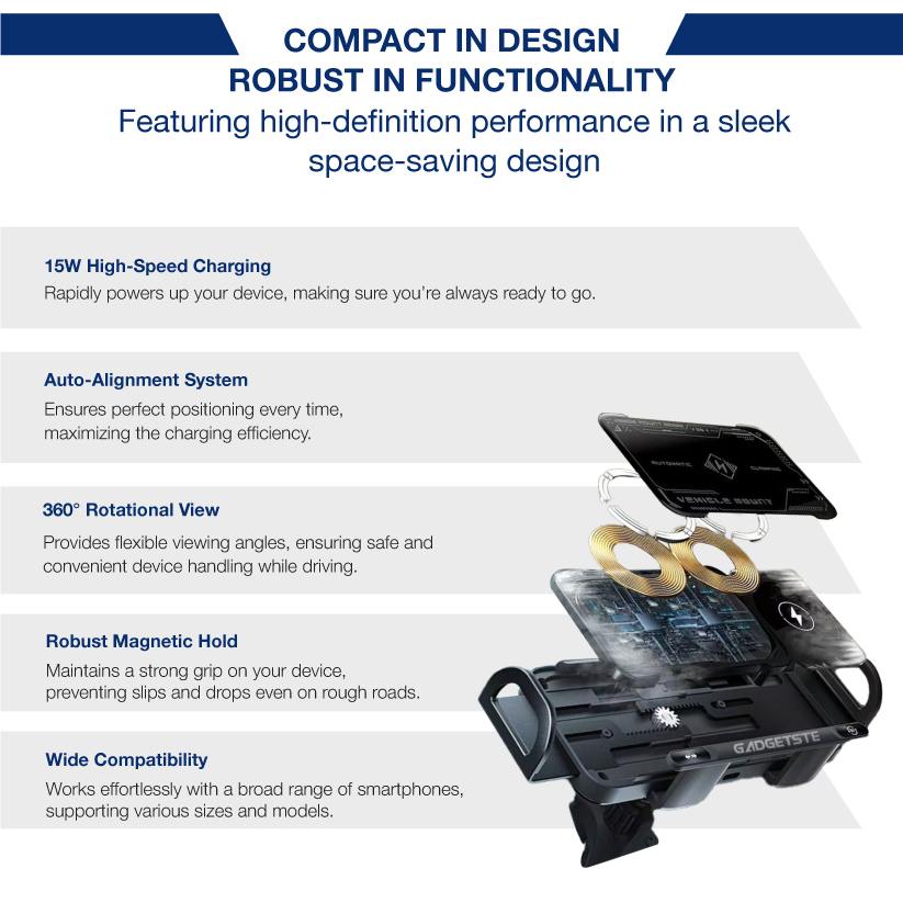 GADGETSTE® FLEXICHARGE PRO - 15W AUTO-ALIGN WIRELESS CAR CHARGER AND MOUNT
