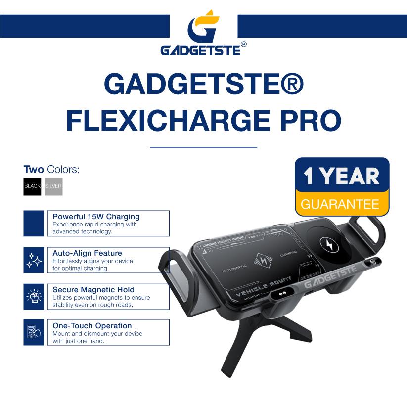 GADGETSTE® FLEXICHARGE PRO - 15W AUTO-ALIGN WIRELESS CAR CHARGER AND MOUNT